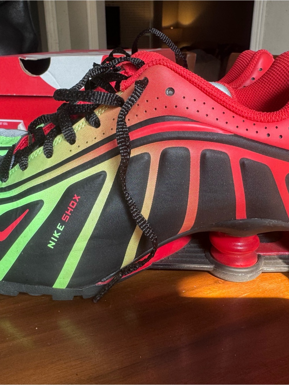 Nike Red and Neon Green Shox Gradient Running Sneakers